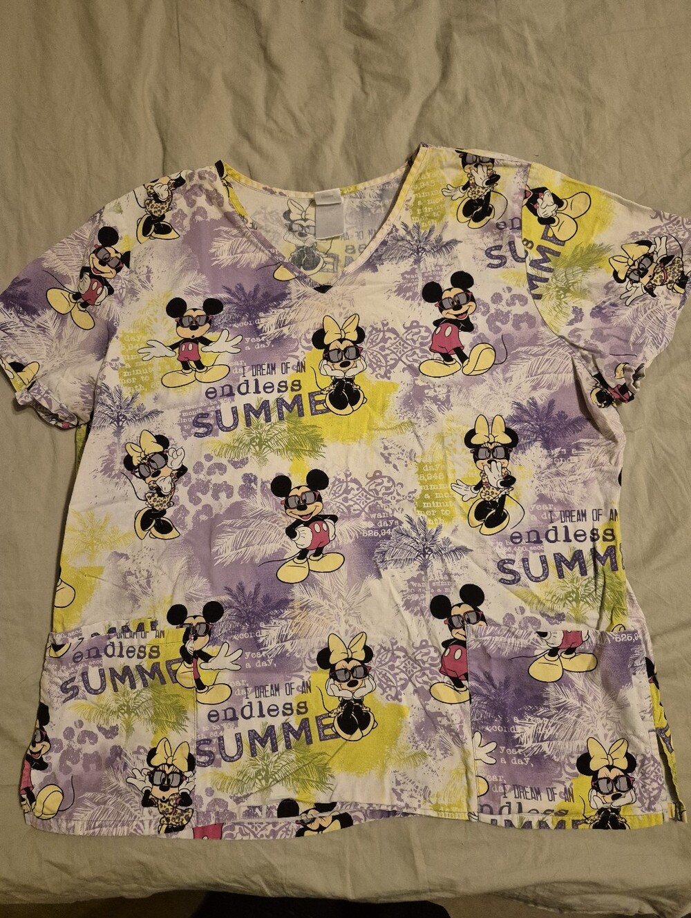 Disney Minnie Mouse Graphic Scrub Top - Lavender, Yellow, Black